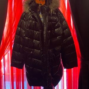 Black Puffer Coat With detachable fur lined Hood.